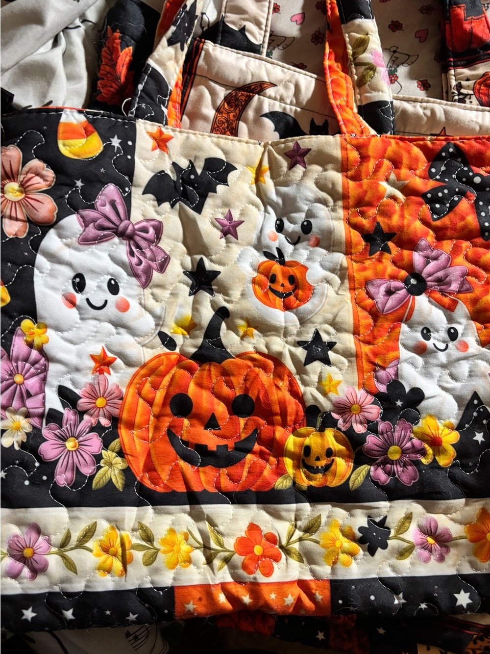 Halloween Quilted Tote Bag with Pumpkin & Ghost Print - Orange, Black, White